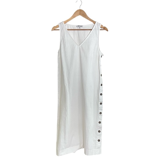 Madewell White Linen Cotton Side Button V-Neck Midi Dress Small - Picture 2 of 4